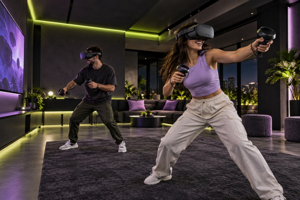 Cena criada com IA: amigos explorando uma sala de realidade virtual