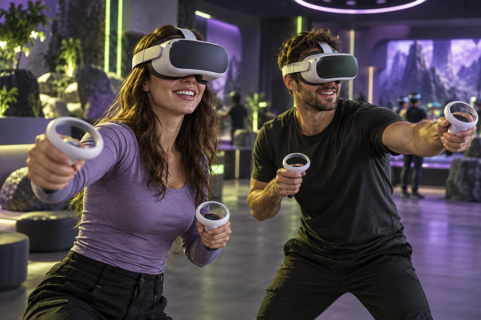 Cena criada com IA: duas pessoas em uma experiência VR cooperativa